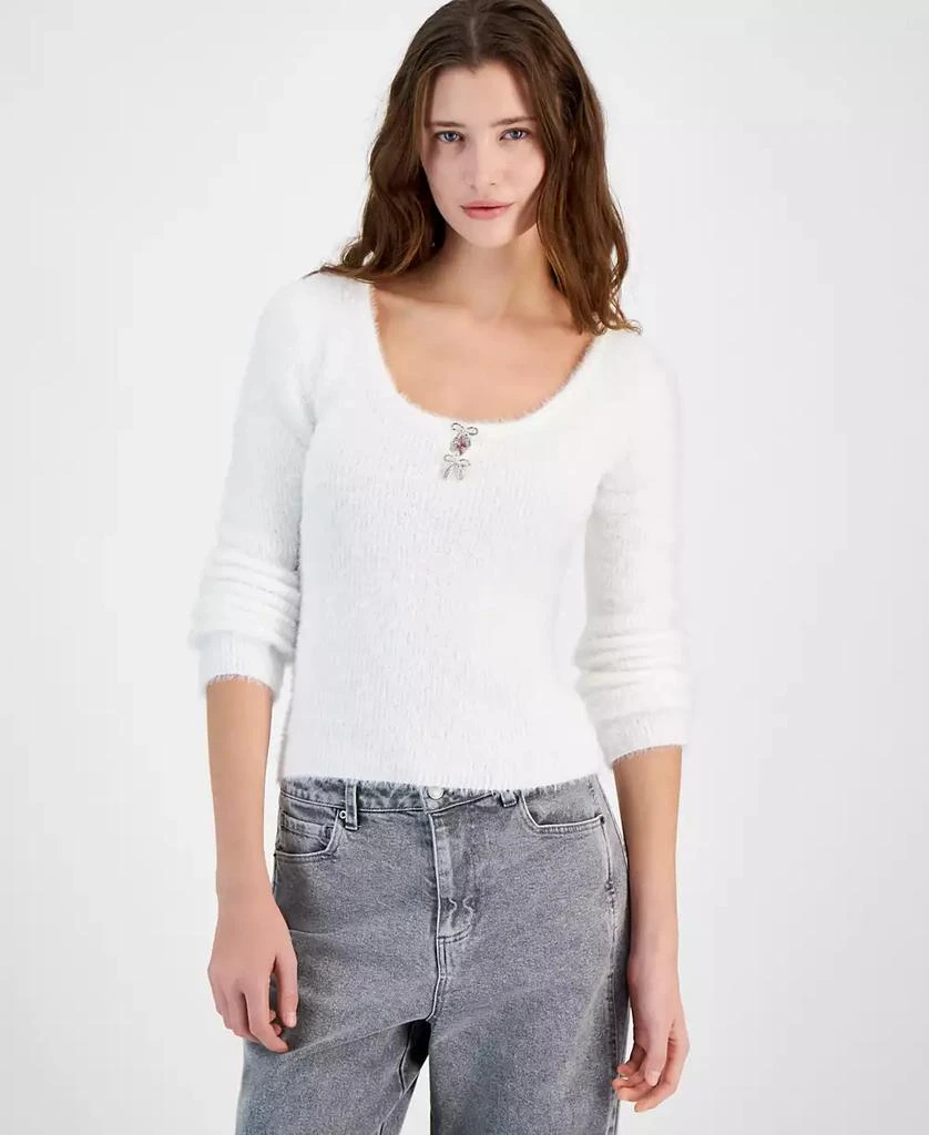 Planet Gold Juniors' Bow-Trim Scoop-Neck Fuzzy Eyelash Sweater 1
