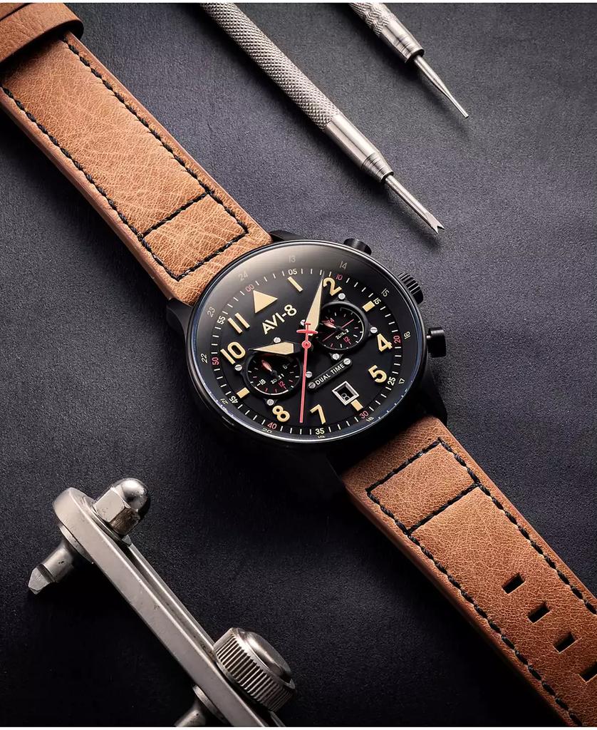 AVI-8 Men's Hawker Hurricane Carey Dual Time Debden Brown Genuine Leather Strap Watch