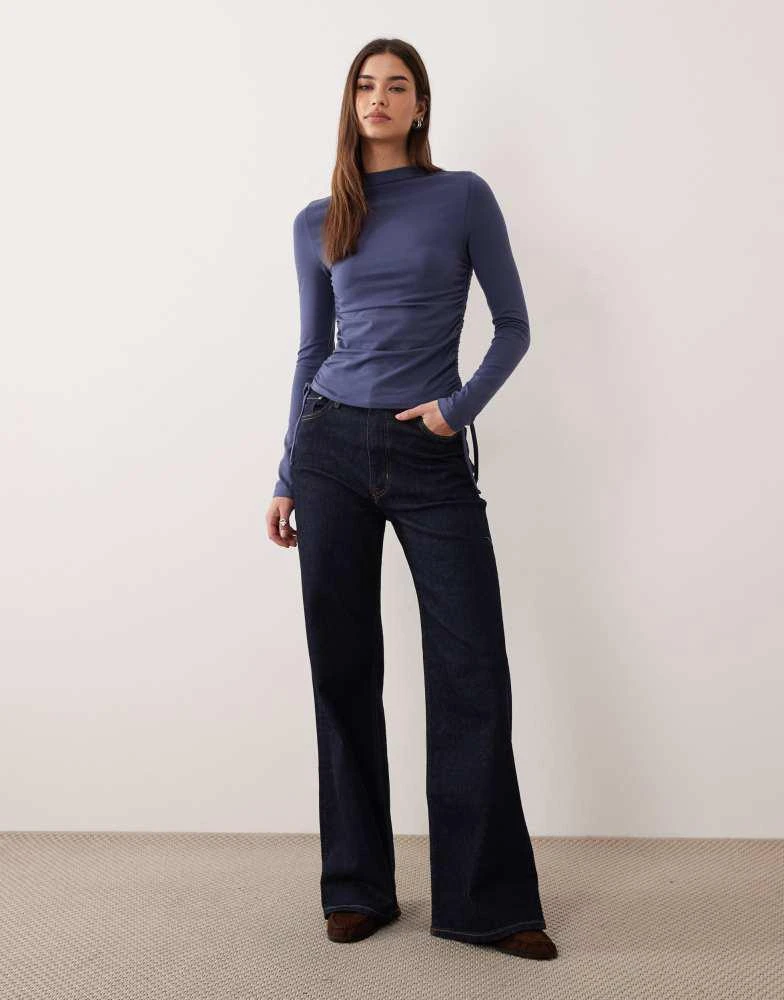 ASOS ASOS DESIGN ruched detail tie side high neck long sleeve top in navy 2