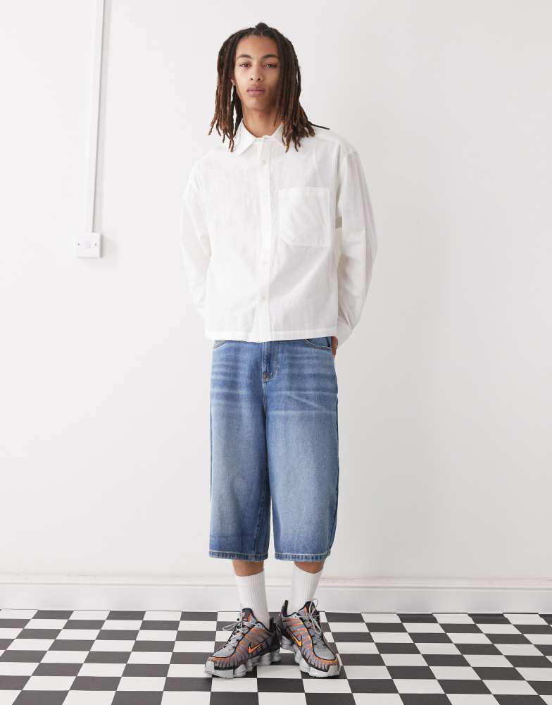 COLLUSION COLLUSION boxy linen look short sleeve shirt in white