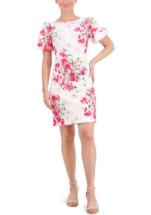 Jessica Howard Howard Womens Floral Puff Sleeve Scuba Crepe Shift Dress