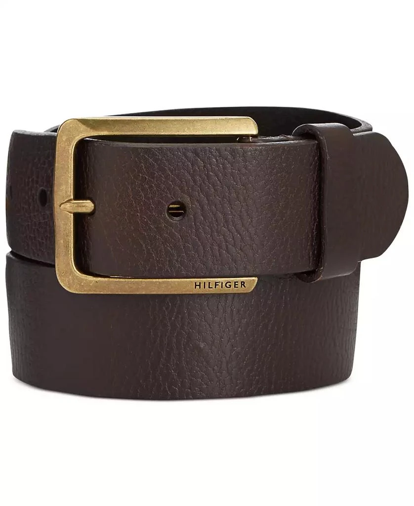 Tommy Hilfiger Men's Heavy Brass Buckle Leather Belt 1