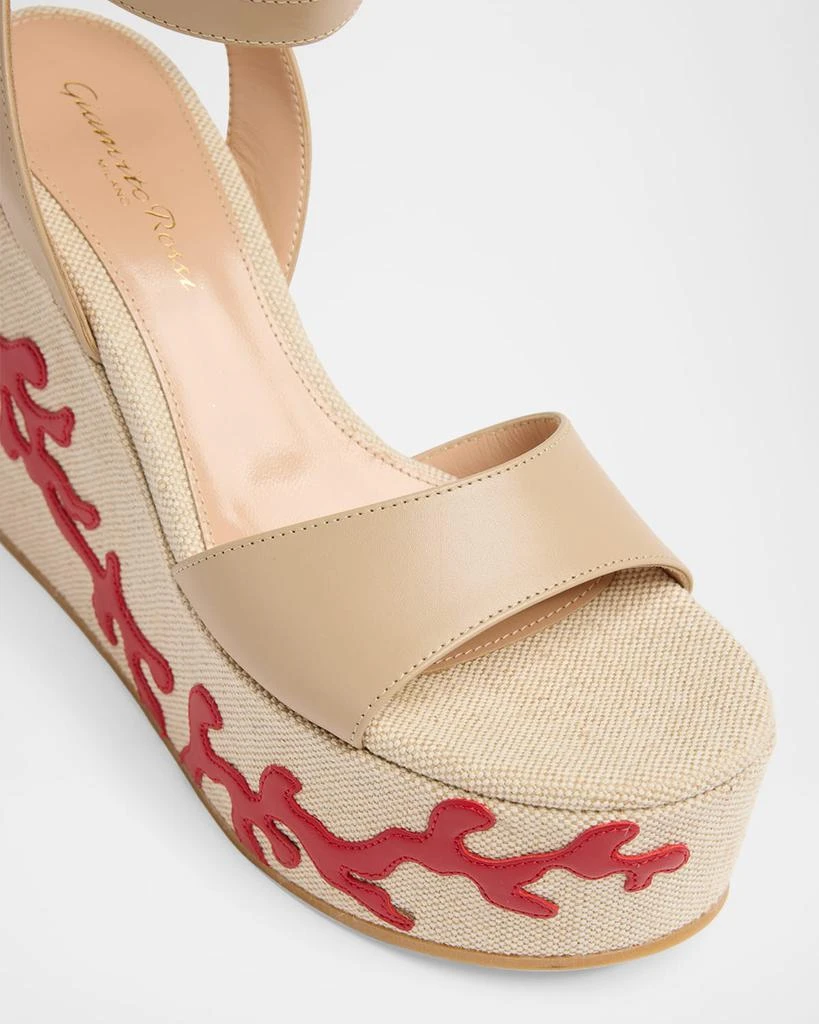 Gianvito Rossi 60mm Coral Leather and Canvas Wedge Sandals 6