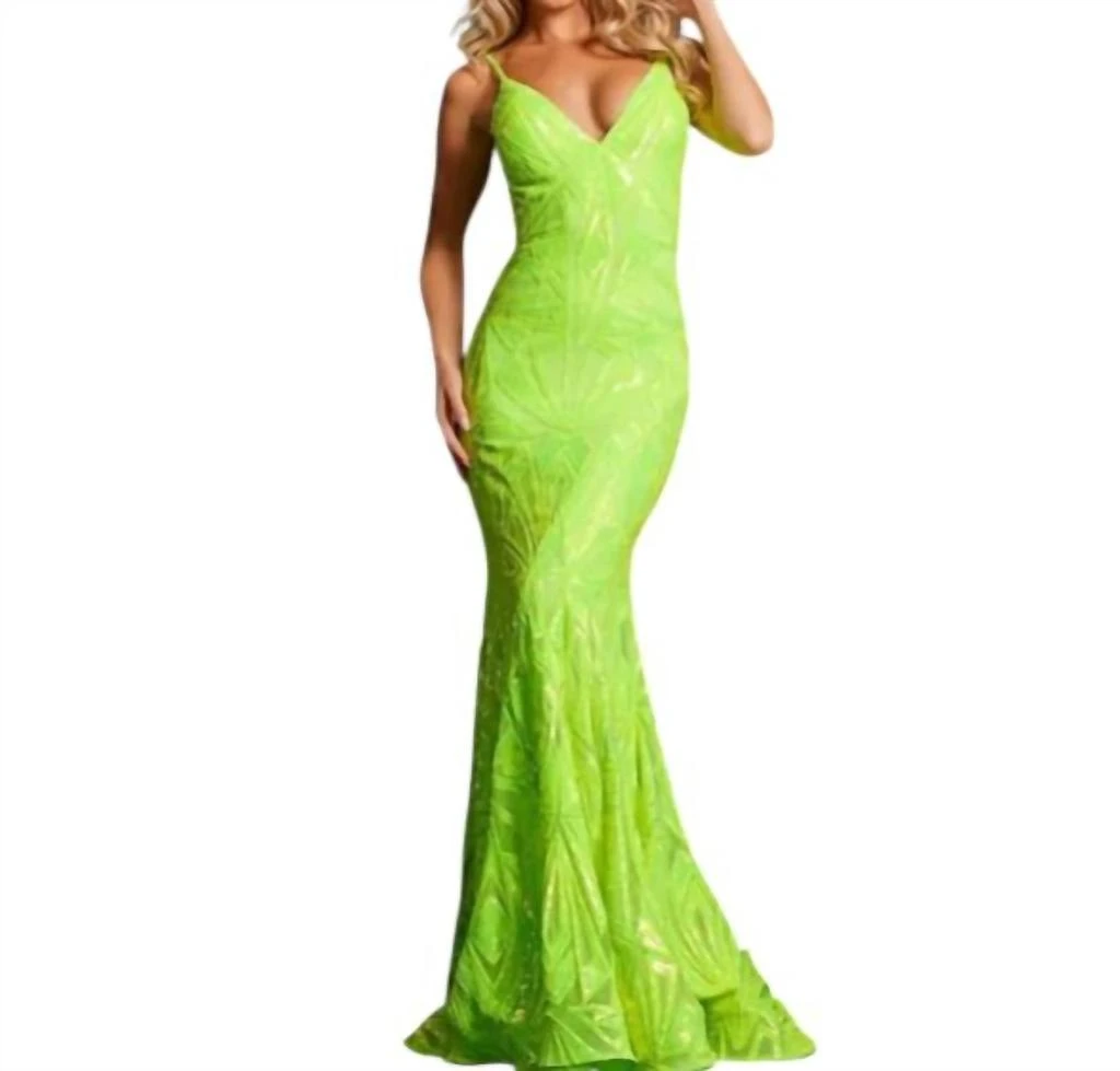 Jovani 08157 Spaghetti Strap Long Dress - Neon Green / 4 Jovani 08157 Spaghetti Strap Long Dress - Neon Green / 4