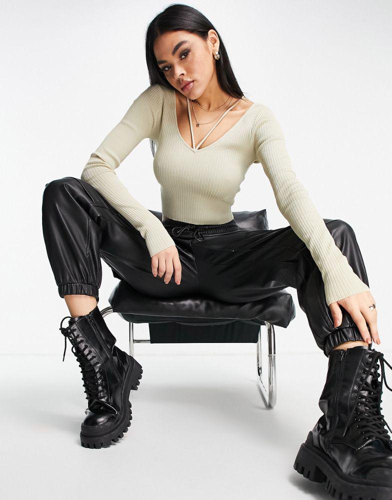 NA-KD NA-KD  X Sofia Coelho deep v strap detail long sleeve top in beige