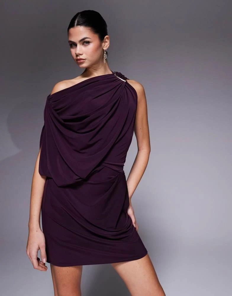 ASOS ASOS DESIGN draped one shoulder maxi dress with hammered trim in bright purple