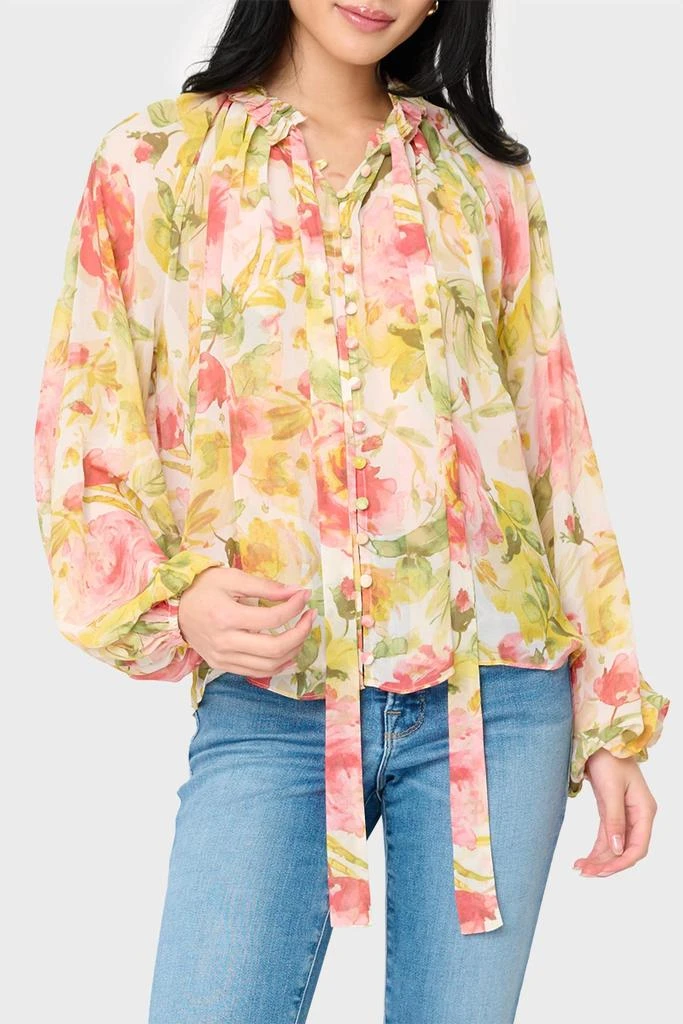 RESET by Jane Button Front Chiffon Blouse With Tie In Pink/yellow Floral Garden Print