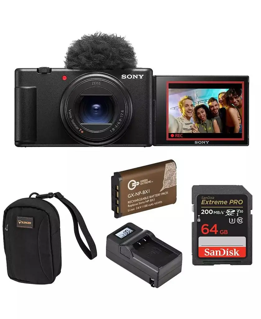 SONY ZV-1 II Vlog Camera for Content Creators and Vloggers, Bundle With Extra Battery, Smart Charger With Screen, 64GB SD Card, Slinger Camera