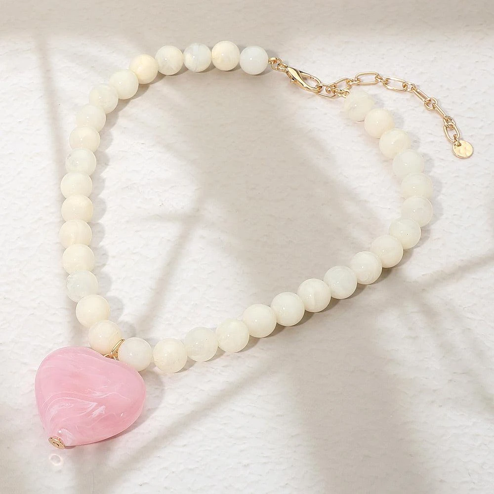 FASHNZFAB Chunky Marbled Resin Heart Charm Beaded Necklace