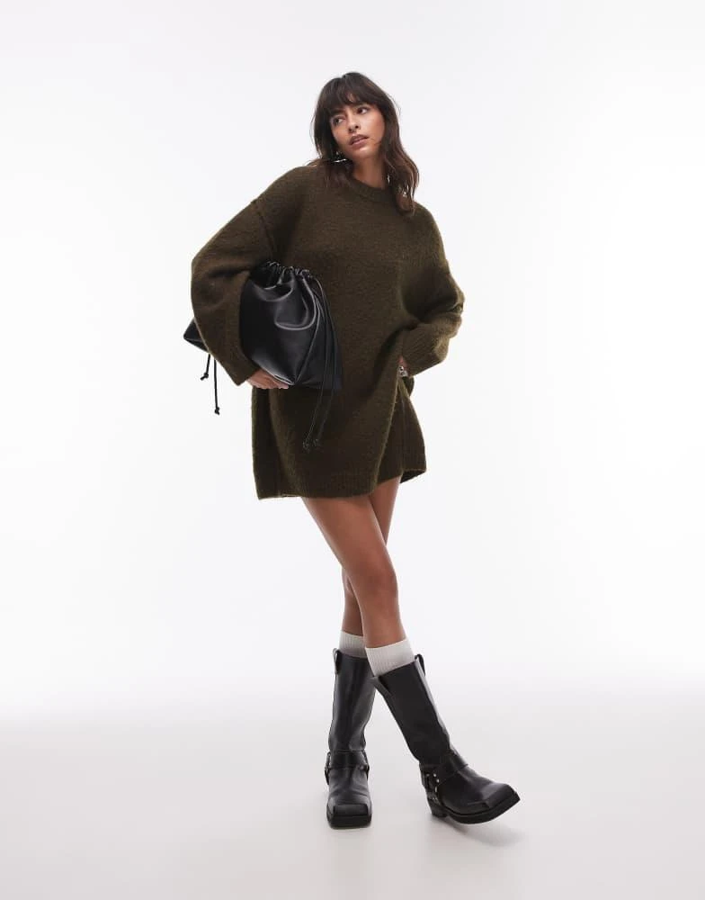 Topshop Topshop knitted oversized crew mini dress with exposed seam detail in khaki 1