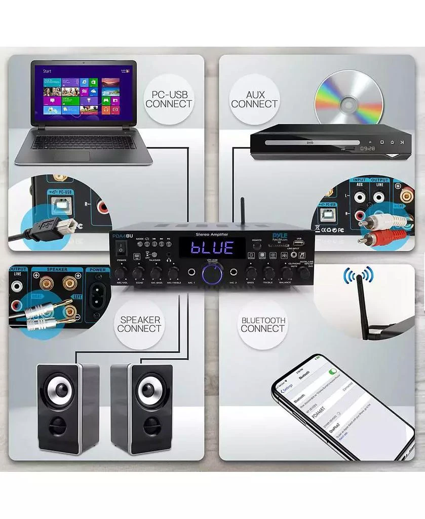 Pyle Bluetooth Stereo Amplifier Receiver - Optical, Phono, Coaxial, FM Radio, USB 
SD Memory Card Readers, Line (3.5mm) Input, Digital LED Display, Microphone Inputs (200W) 4