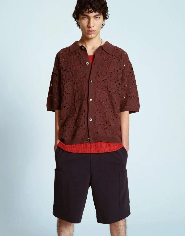 Topman Topman relaxed floral crochet shirt in brown
