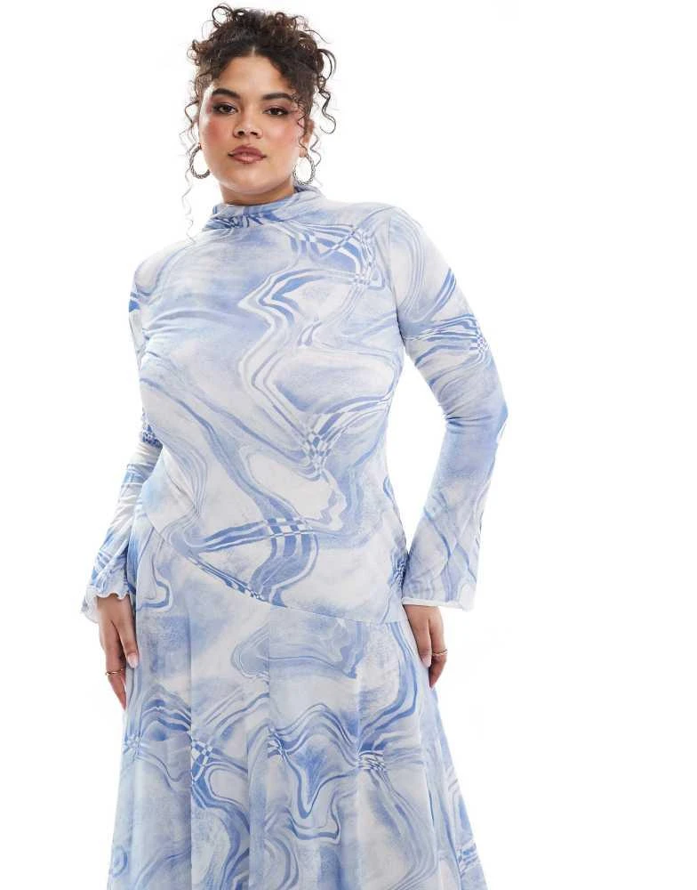 ASOS ASOS DESIGN Curve mesh high neck long sleeve a-line maxi dress in blue abstract print 2