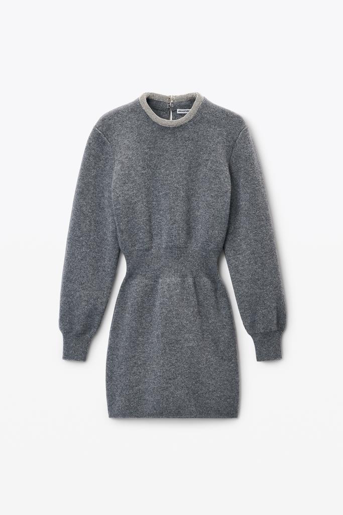 Alexander Wang Long Sleeve Dress in Wool Blend with Crystal Hotfix Trim