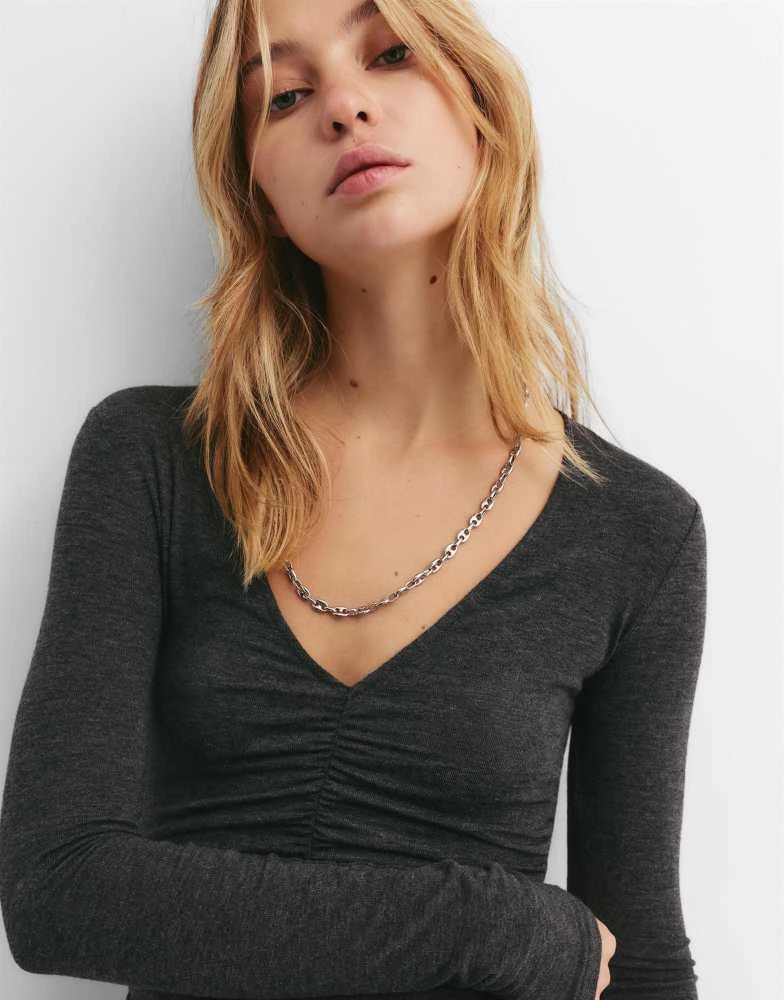 Pull&Bear Pull&Bear Asymmetric midi gathered dress in grey 4