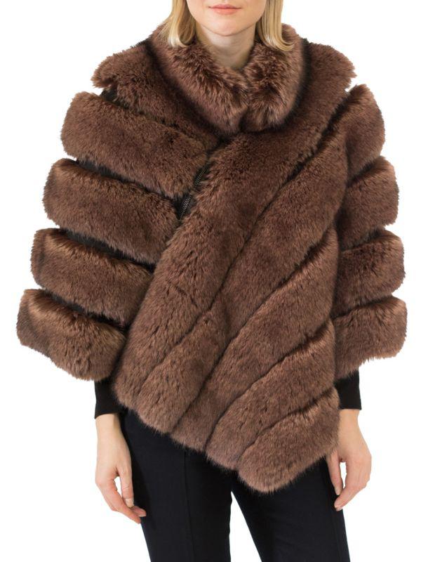 BELLE FARE Quilted Faux Fur & Leather Trim Poncho