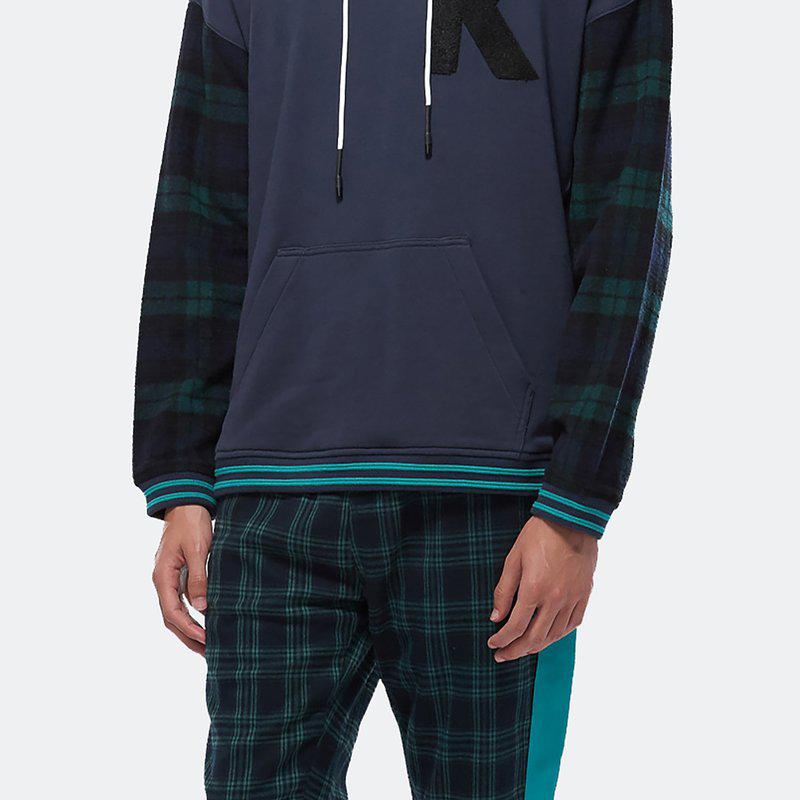 Konus Men's Pullover Hoodie With Wool Blend Plaid Sleeves Navy