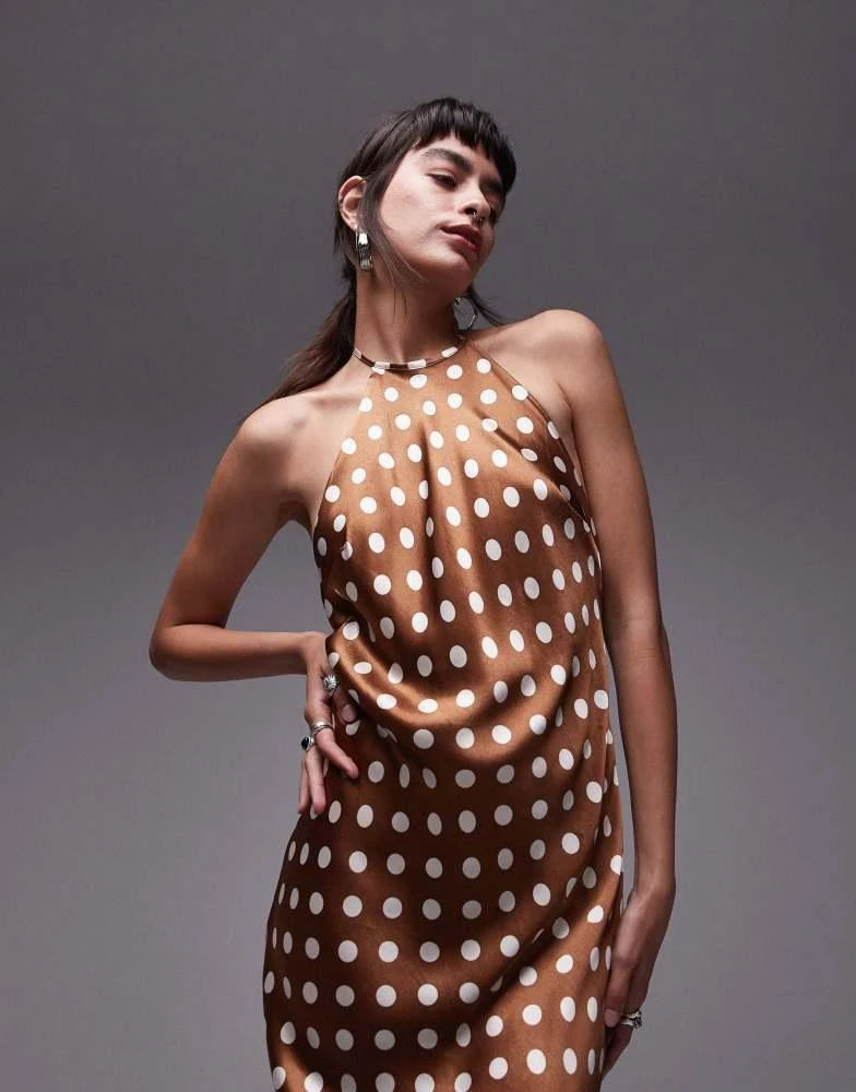 Topshop Topshop polka dot halter neck maxi dress in brown 3