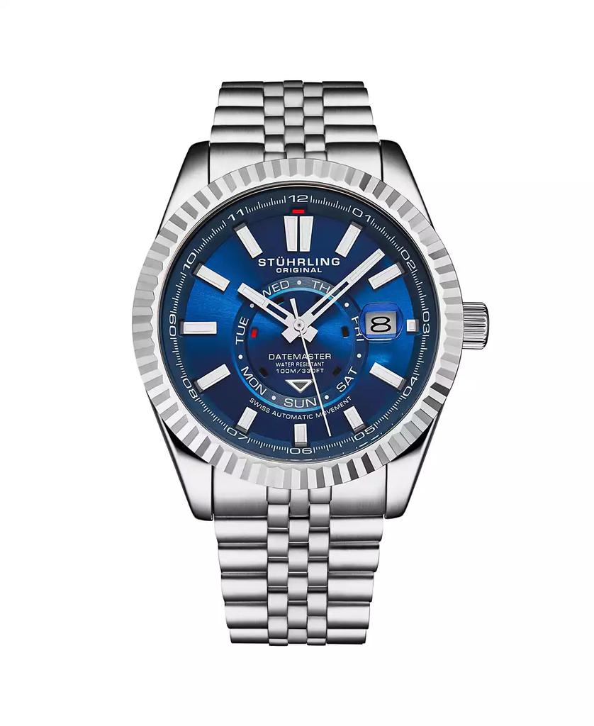 Stuhrling Datemaster II Men s Swiss Automatic 42mm Stainless Steel Watch, Blue Dial, Fluted Bezel, Day & Date, 100M Water Resistant