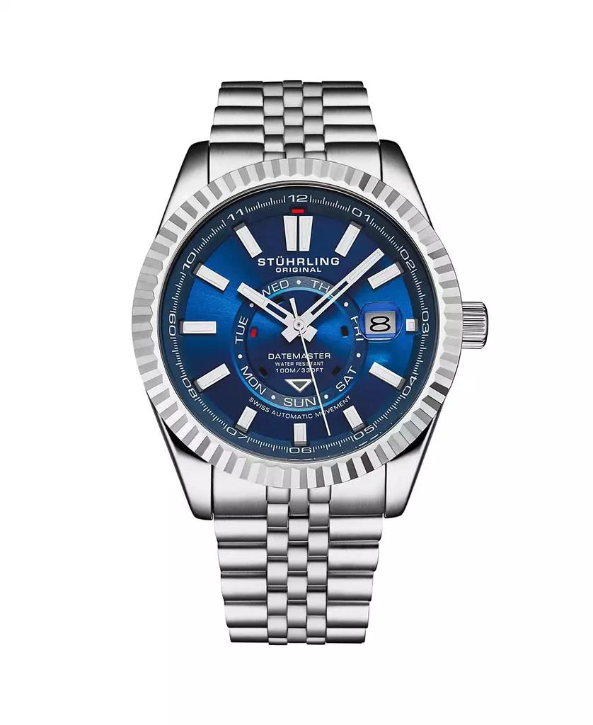 Stuhrling Datemaster II Men s Swiss Automatic 42mm Stainless Steel Watch, Blue Dial, Fluted Bezel, Day & Date, 100M Water Resistant 1