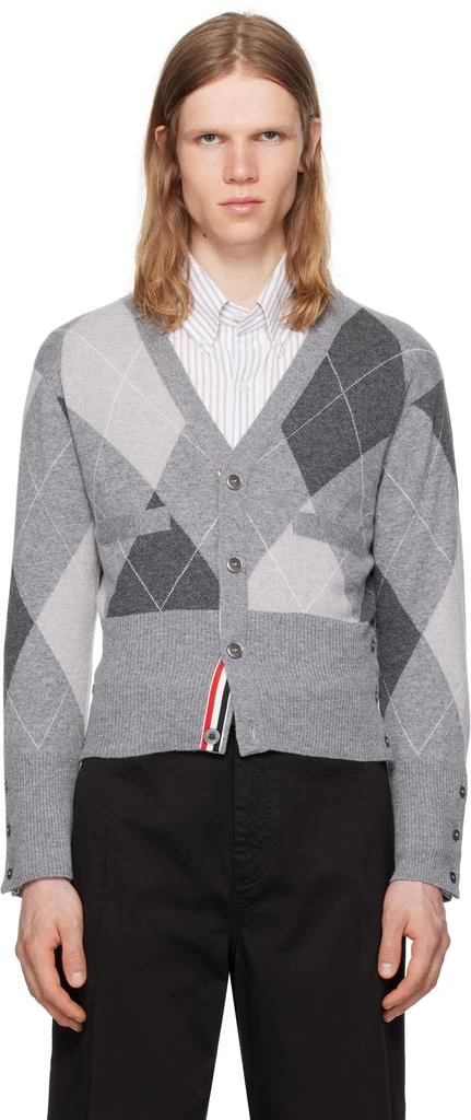 Thom Browne Gray Argyle Intarsia Cashmere V Neck Cardigan 1