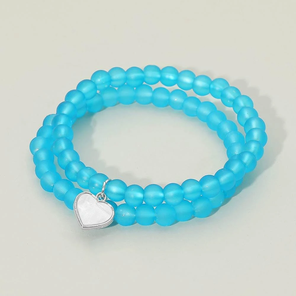 FASHNZFAB 12 SET OF 2 - Mother of Pearl Heart Charm Beaded Stretch Double Layered Bracelets 3