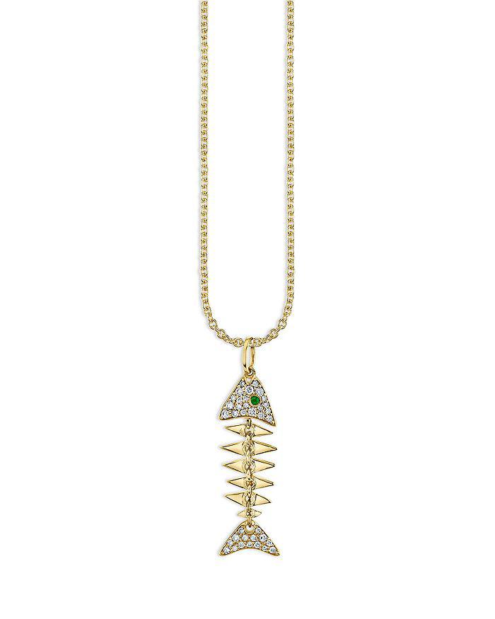 Sydney Evan 14K Yellow Gold Diamond & Emerald Fishbone Pendant Necklace, 16"-18"