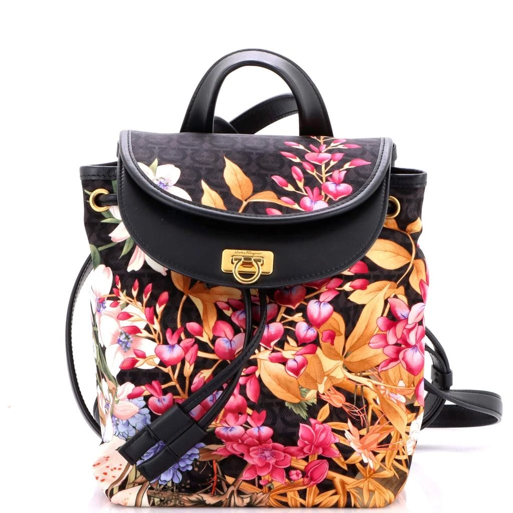 Salvatore Ferragamo Gancini Flap Drawstring Backpack Printed Gancini Nylon and Leather Mini