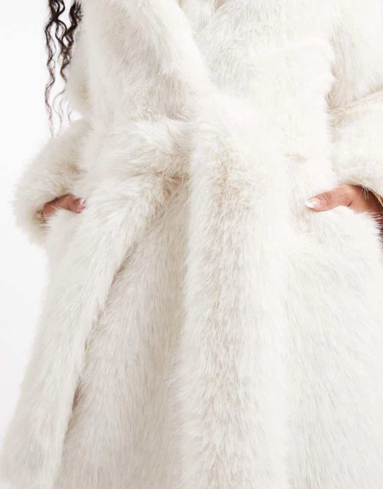 ASOS ASOS DESIGN Petite longline belted faux fur coat in cream 4