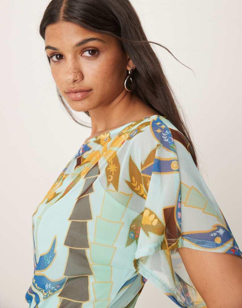 Never Fully Dressed Never Fully Dressed Tilly off asymmetric mesh maxi dress in blue palm print