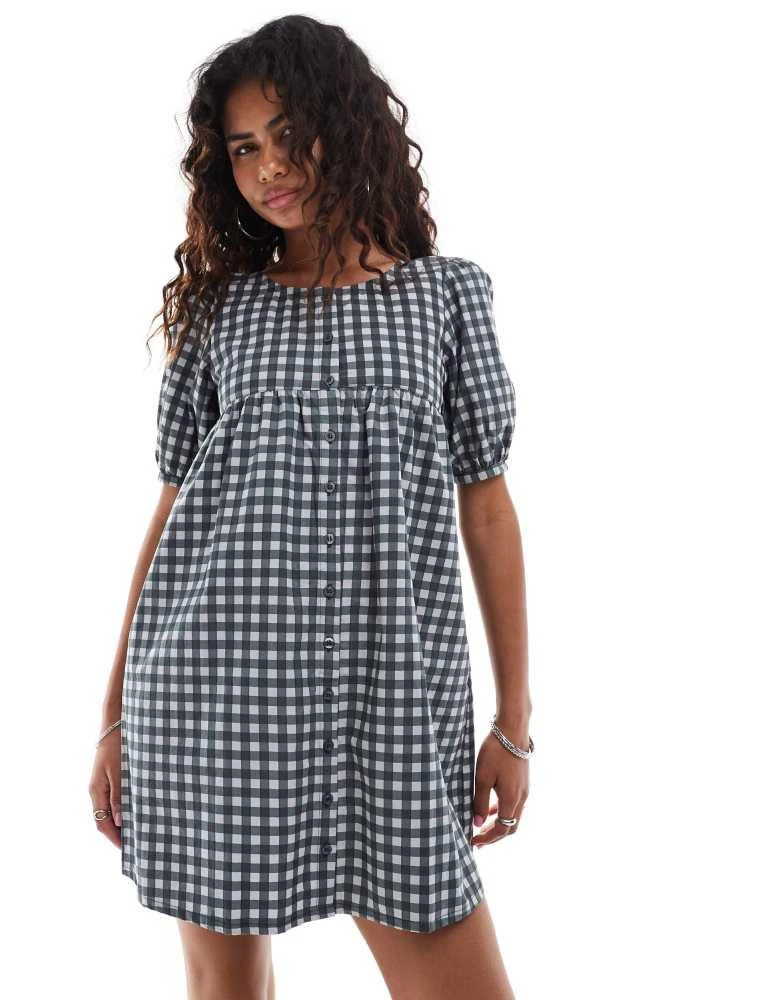 Motel Motel cybera puff sleeve smock mini dress in black grey 2