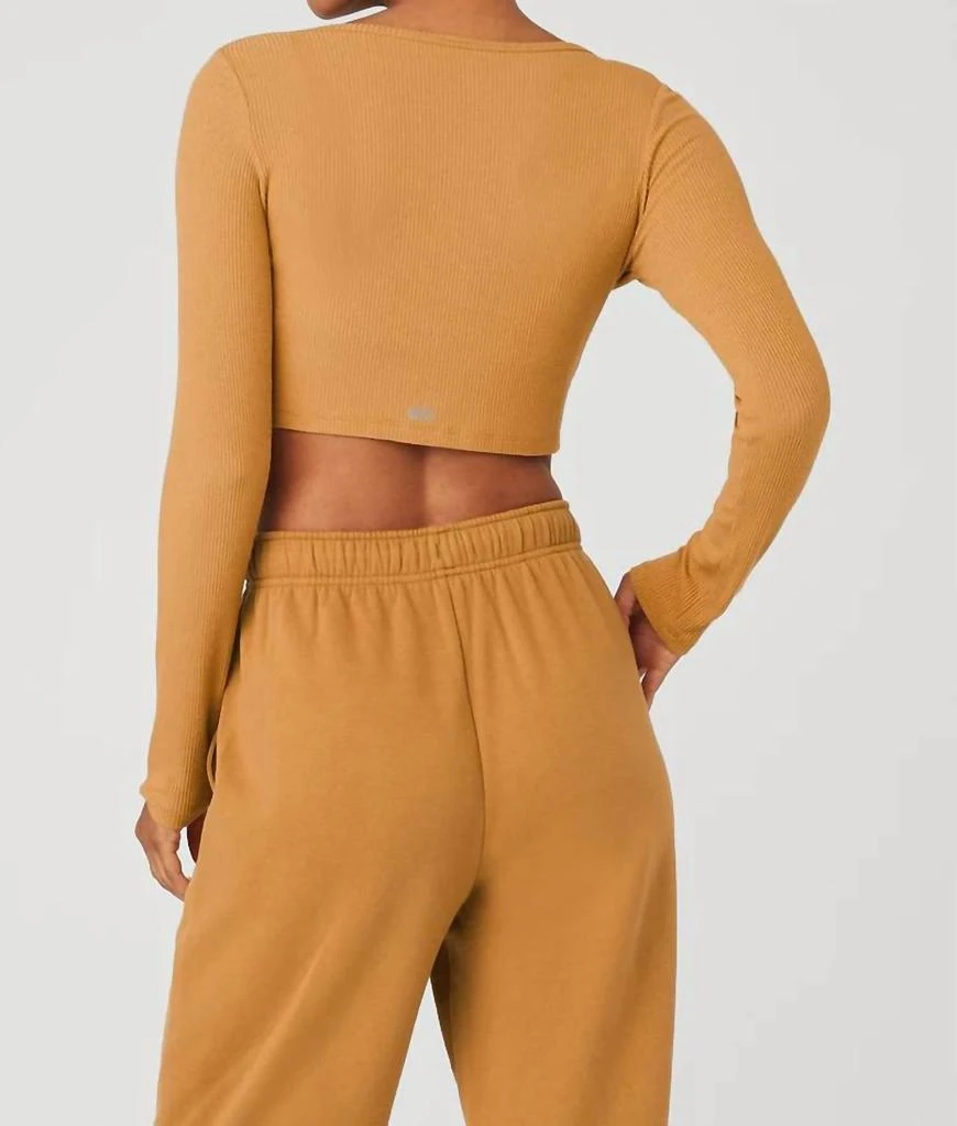 Alo Whisper Ribbed Cropped Cardigan Sweater In Toffee Brown 2