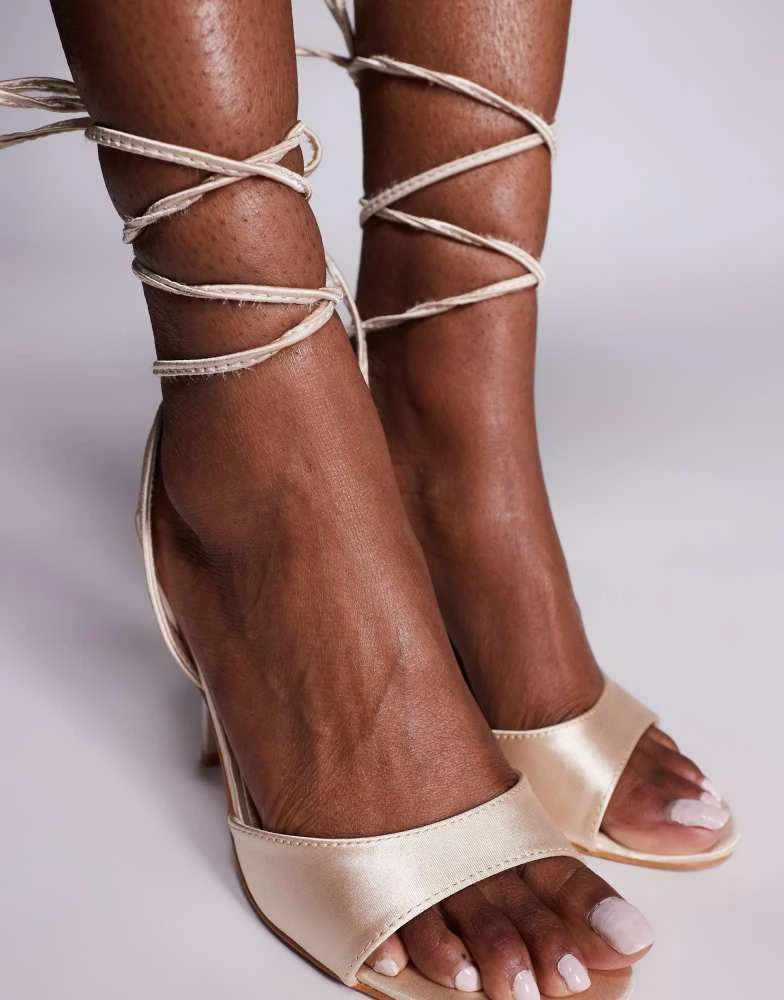 Public Desire Public Desire Bea peep toe heeled sandals in with tie leg inblush satin 4