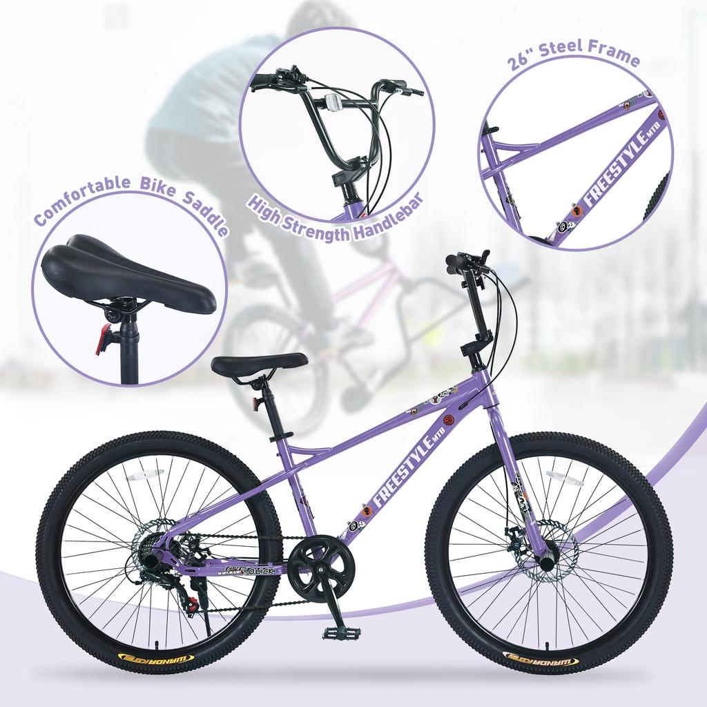 Streamdale Furniture Streamdale Freestyle MTB Bike for 12+ 26" Purple, 7-Speed Shimano, Double Disc Brakes