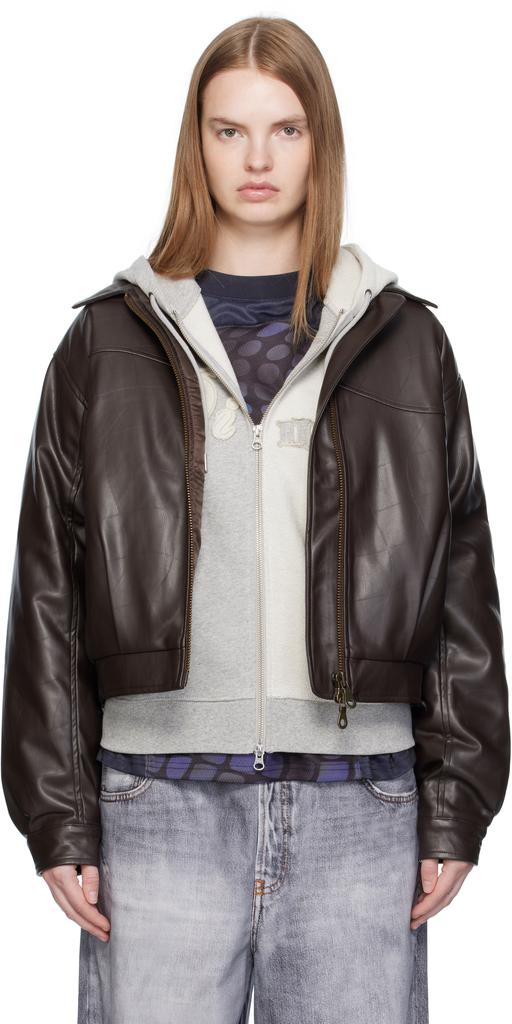 Shop Brown Debossed Wavy Faux-Leather Jacket on Sale at