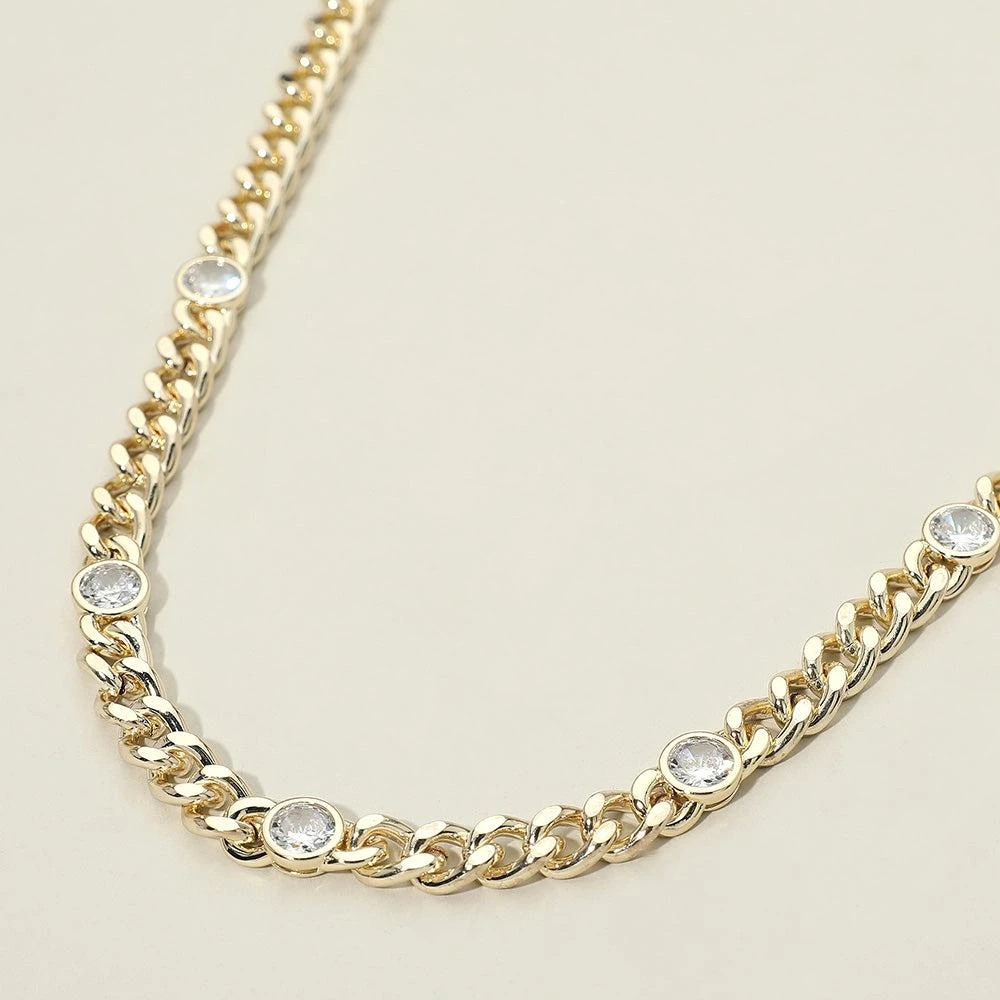 FASHNZFAB 14K Gold Plated Round CZ Bezel Station Chunky Curb Chain Necklace