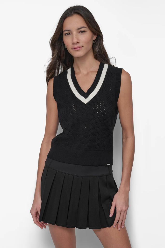 DKNY STRIPED MESH POINTELLE SWEATER VEST