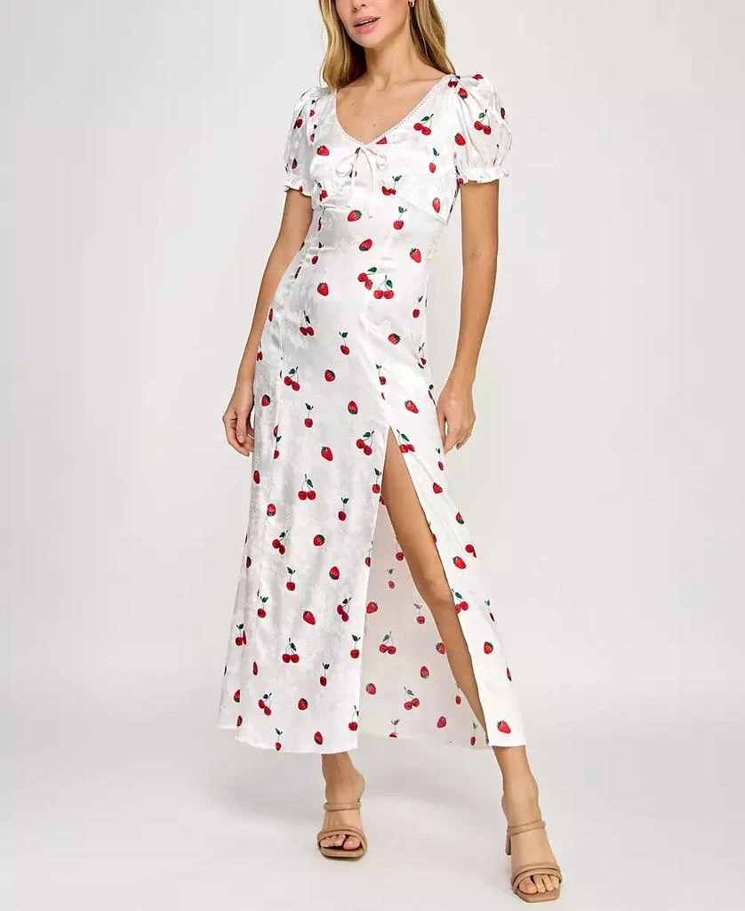 Crystal Doll Juniors' Printed Satin Puff-Sleeve Midi Dress 1
