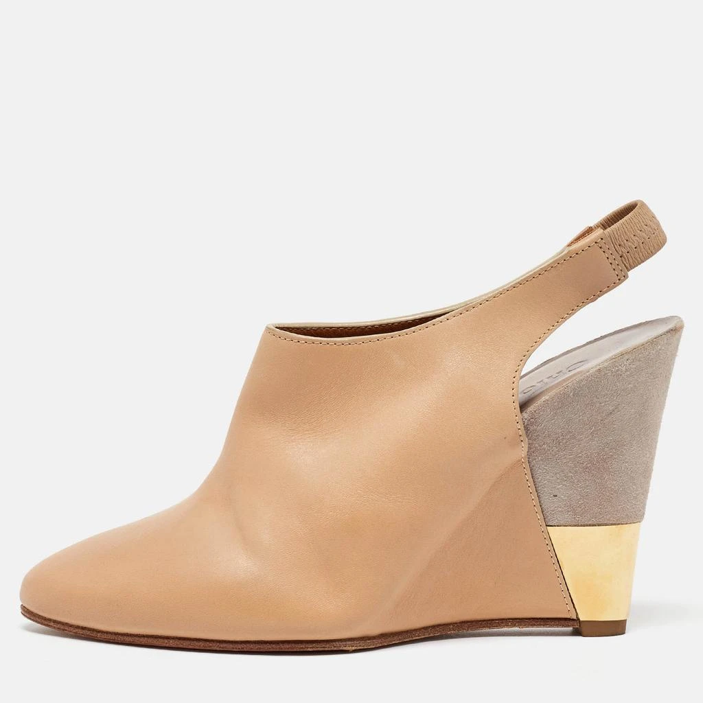 Chloé Chloe Beige/Grey Leather and Suede Wedge Slingback Pumps Size 34 1