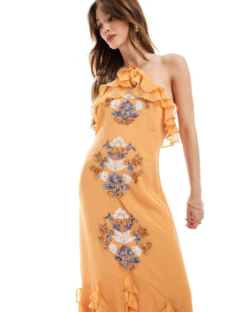Shop Maya Embellished halter neck ruffle maxi dress in orange on