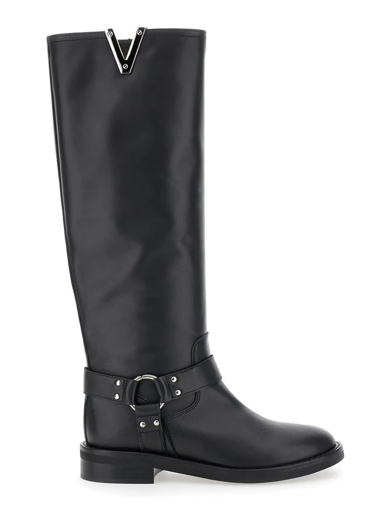 Via Roma 15 Black V-detailed Knee Boots In Leather Woman 1
