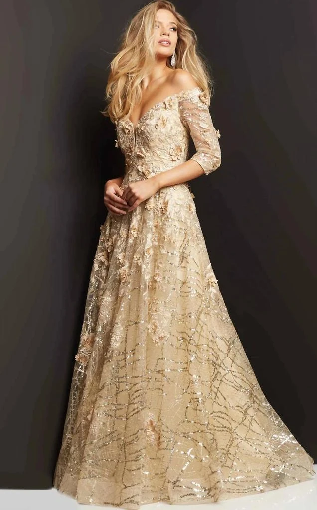 Jovani 3/4 Sleeve Lace Ball Gown In Champagne