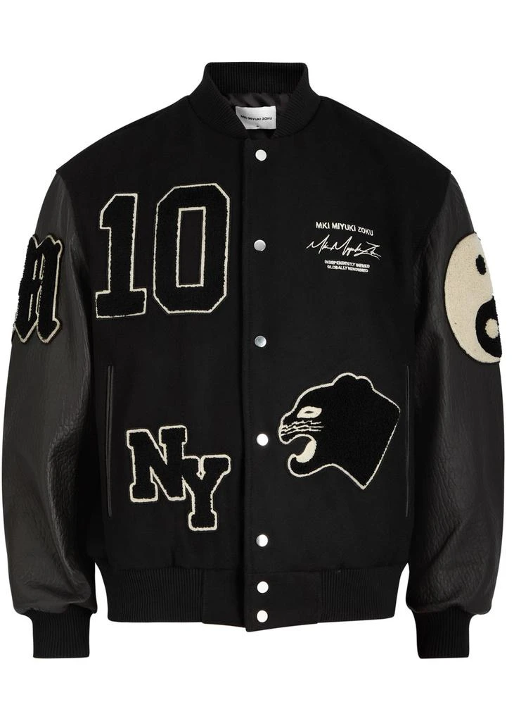 MKI Miyuki Zoku Appliquéd wool-blend and leather varsity jacket 1