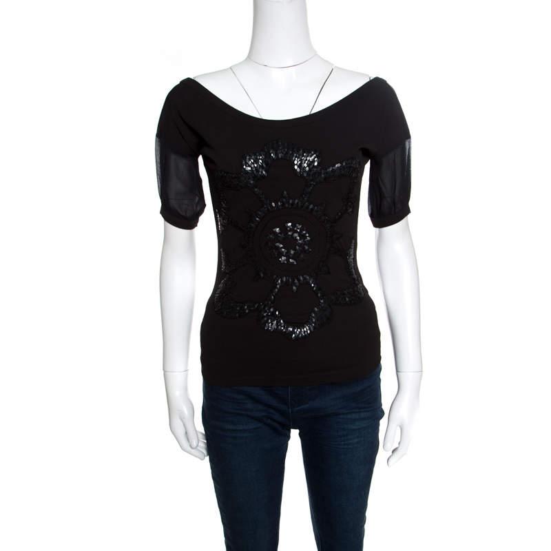 Gianfranco Ferre GF Ferre Black Sequin Embellished Plunge Back Neck Top XXS