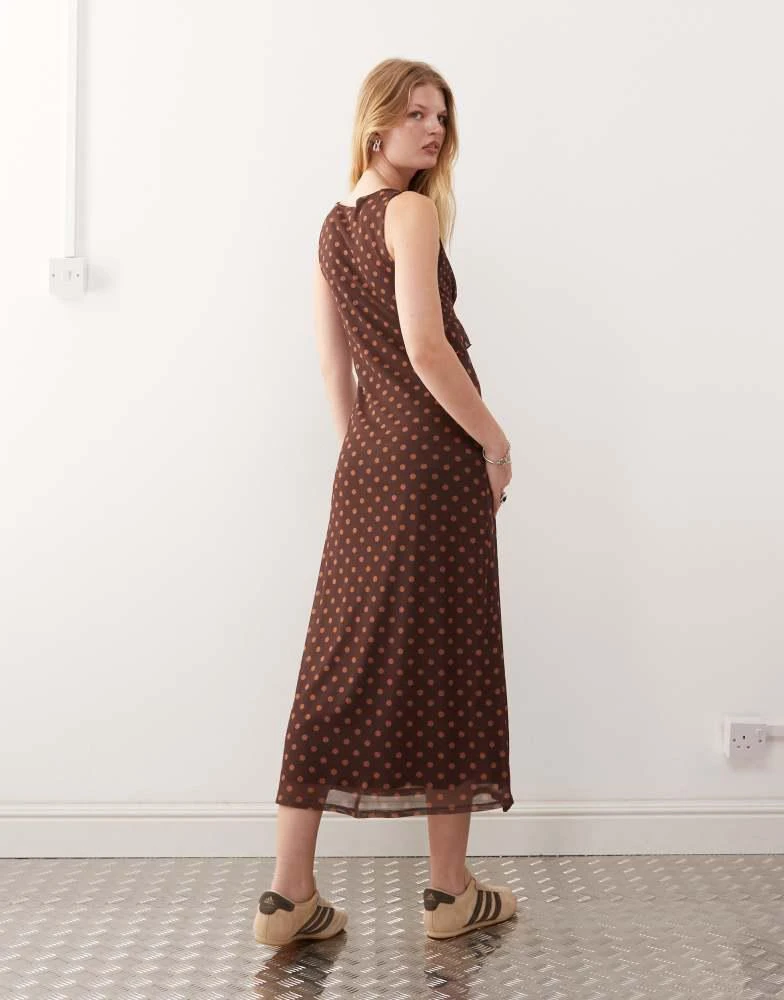Reclaimed Vintage Reclaimed Vintage floaty midi dress with frill detail in mixed brown and pink polka dot print 4