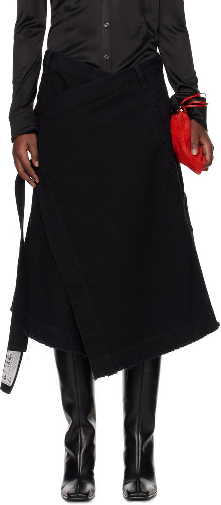 LU'U DAN Black Apron Denim Midi Skirt