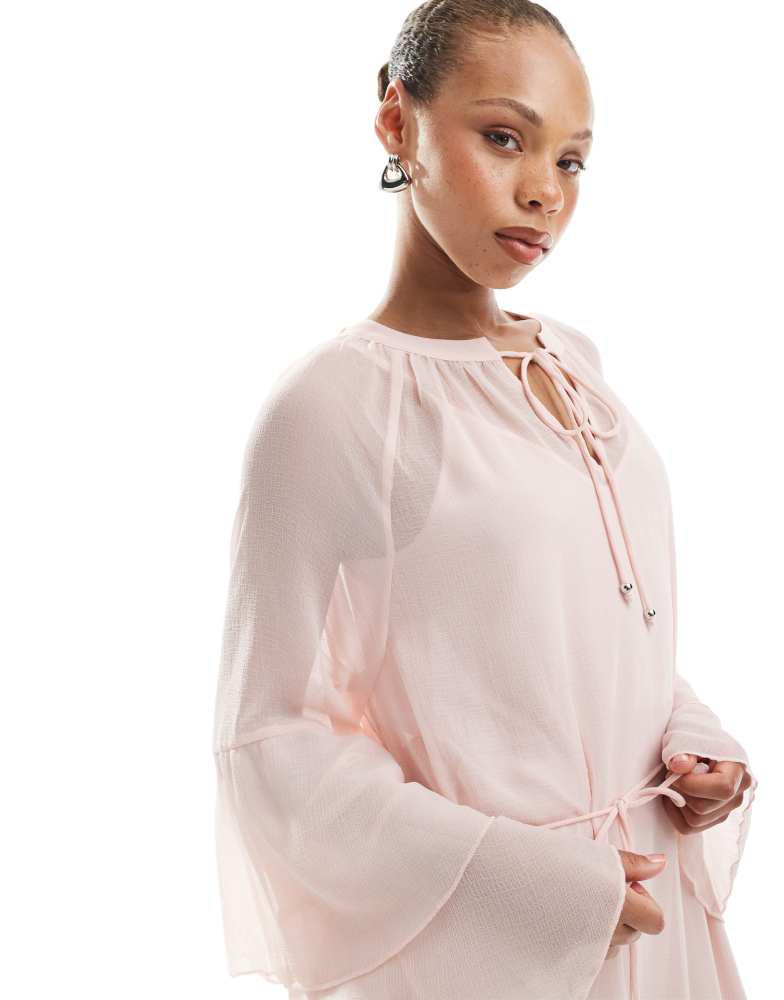 VERO MODA Vero Moda boho frill sleeve tie waist maxi dress in rose pink