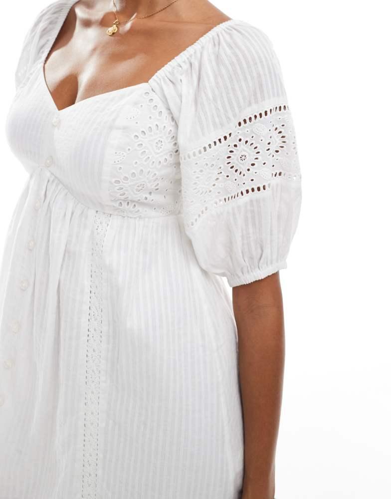 New Look New Look embroidered button through mini dress in white