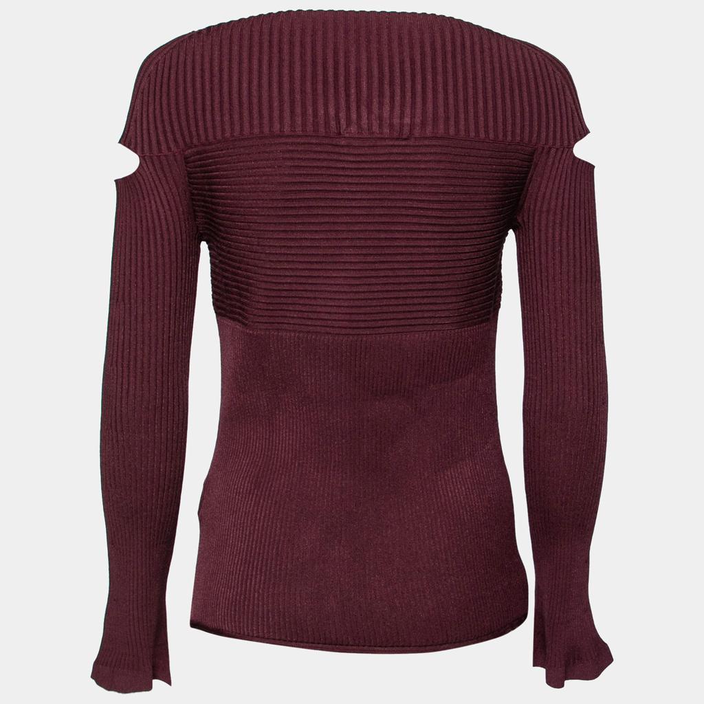 CUSHNIE Cushnie et Ochs Burgundy Rib Knit Cut-Out Detail Sweater XL