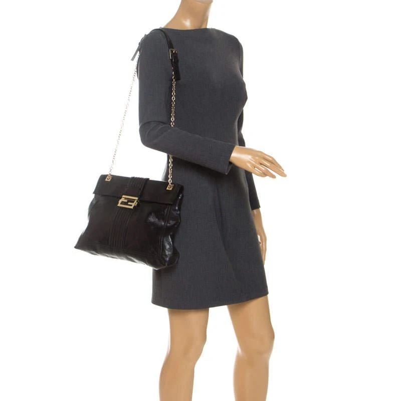 Fendi Fendi Black Leather Maxi Baguette Flap Shoulder Bag 2